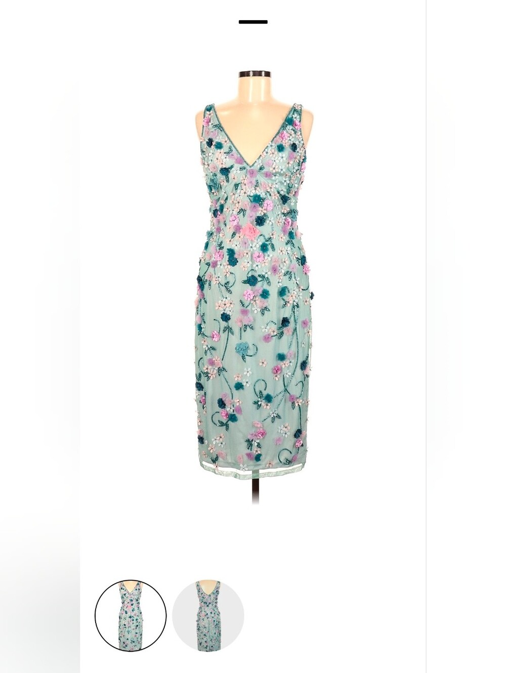 NWOT Theia Mint Floral 3D Appliqué V-Neck Midi Dress